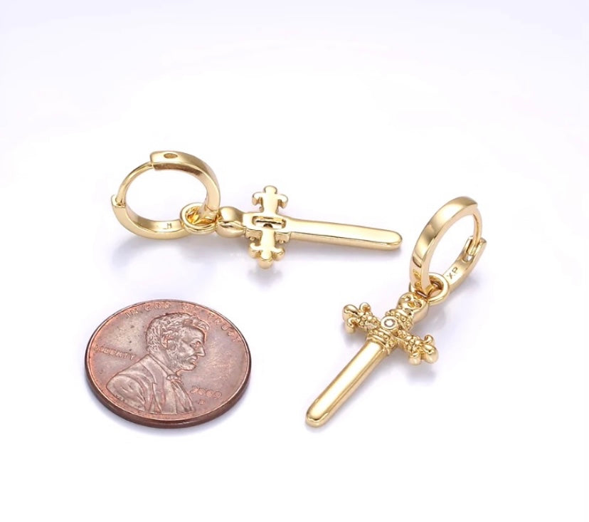 Cross and Sword 14 Karat Gold-Filled Earrings.