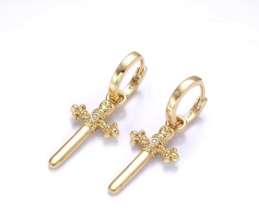 Cross and Sword 14 Karat Gold-Filled Earrings.