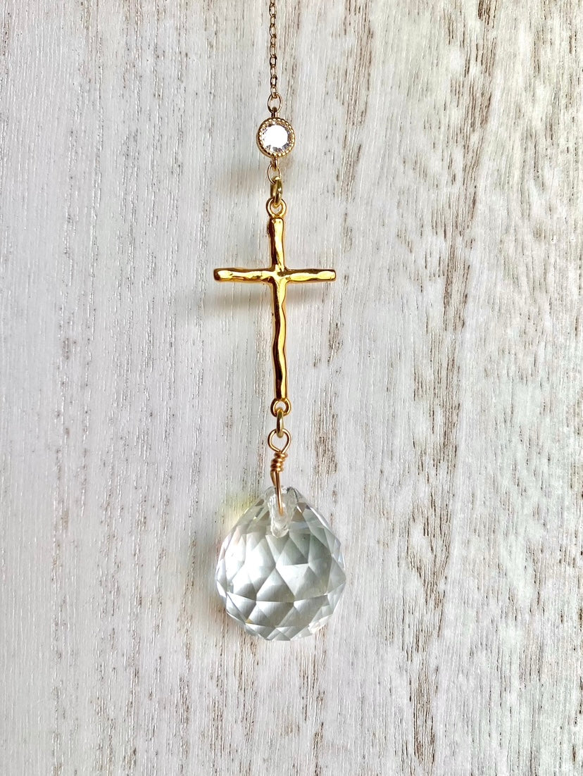 Crystal & Cross Sun Catcher 14K Vermeil