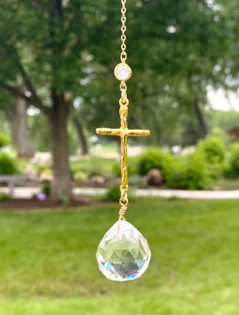 Crystal & Cross Sun Catcher 14K Vermeil